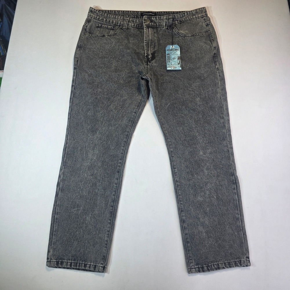 NWT Jackson & Driggs Mens 42x30 Acid Wash Charcoal Grey Straight Leg Denim Jeans